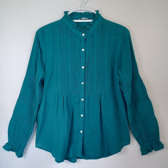 Sundance Teal Blue Cotton Pintuck Lace Ruffle Neck Blouse Small - Picture 2 of 10